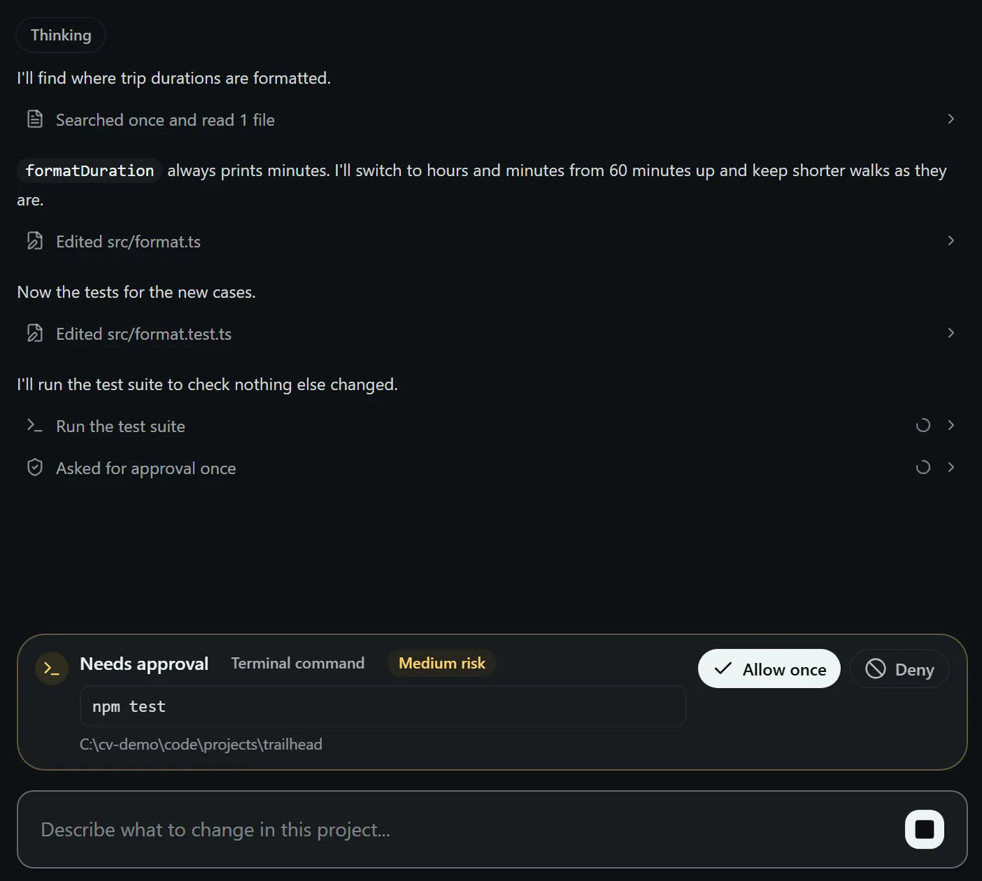 Codevalanche asks for approval before the agent runs a terminal command, with Allow once and Deny buttons.
