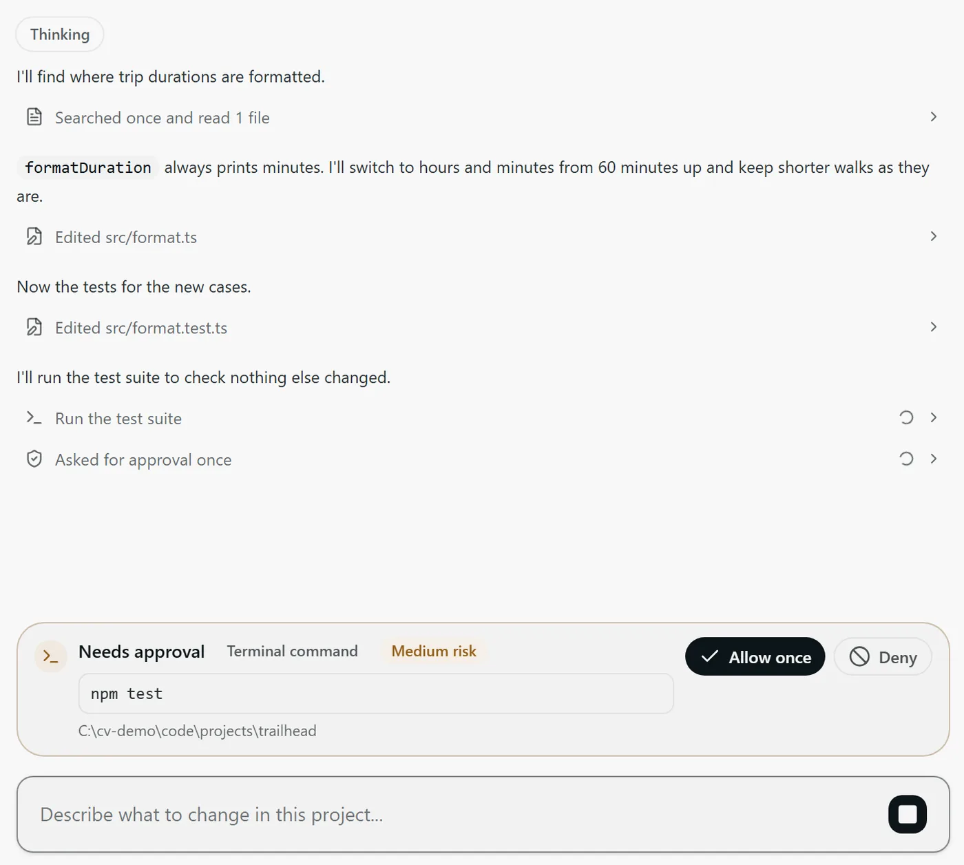 Codevalanche asks for approval before the agent runs a terminal command, with Allow once and Deny buttons.