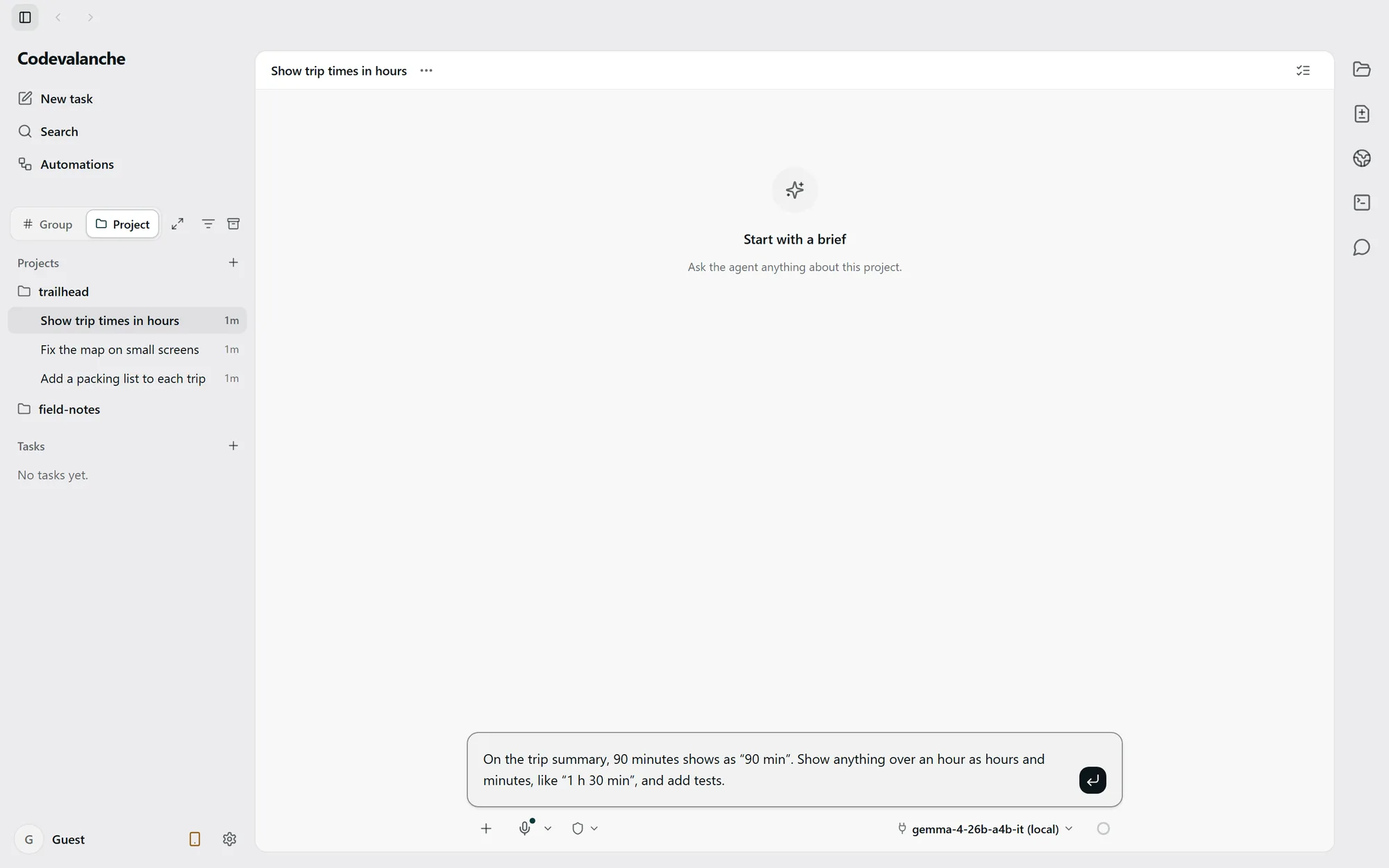 Codevalanche with a sample project open and a task typed into the message box, ready to send.
