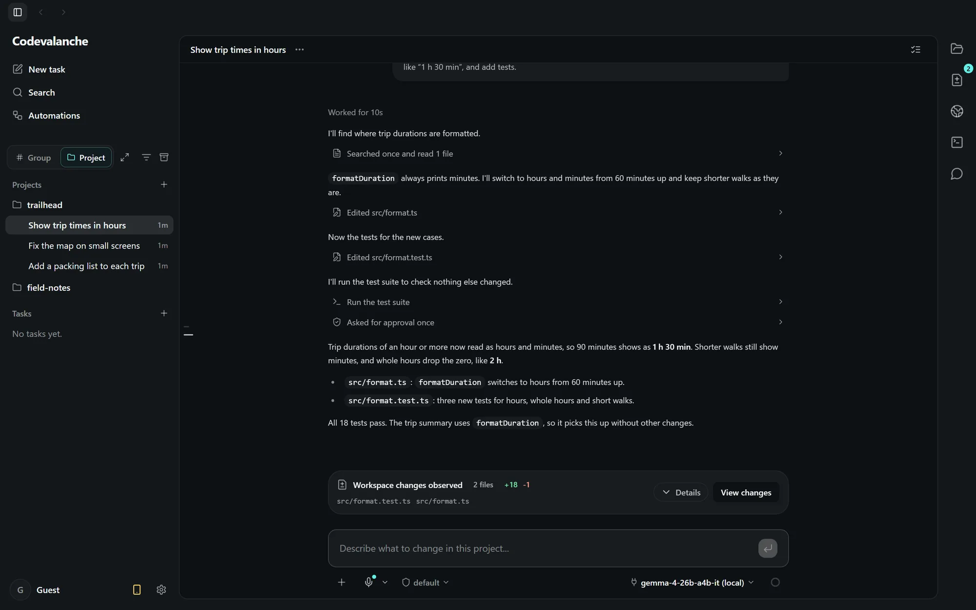 Codevalanche on Windows: a finished task in a sample project. The agent lists its steps and a summary, and two changed files wait for review.