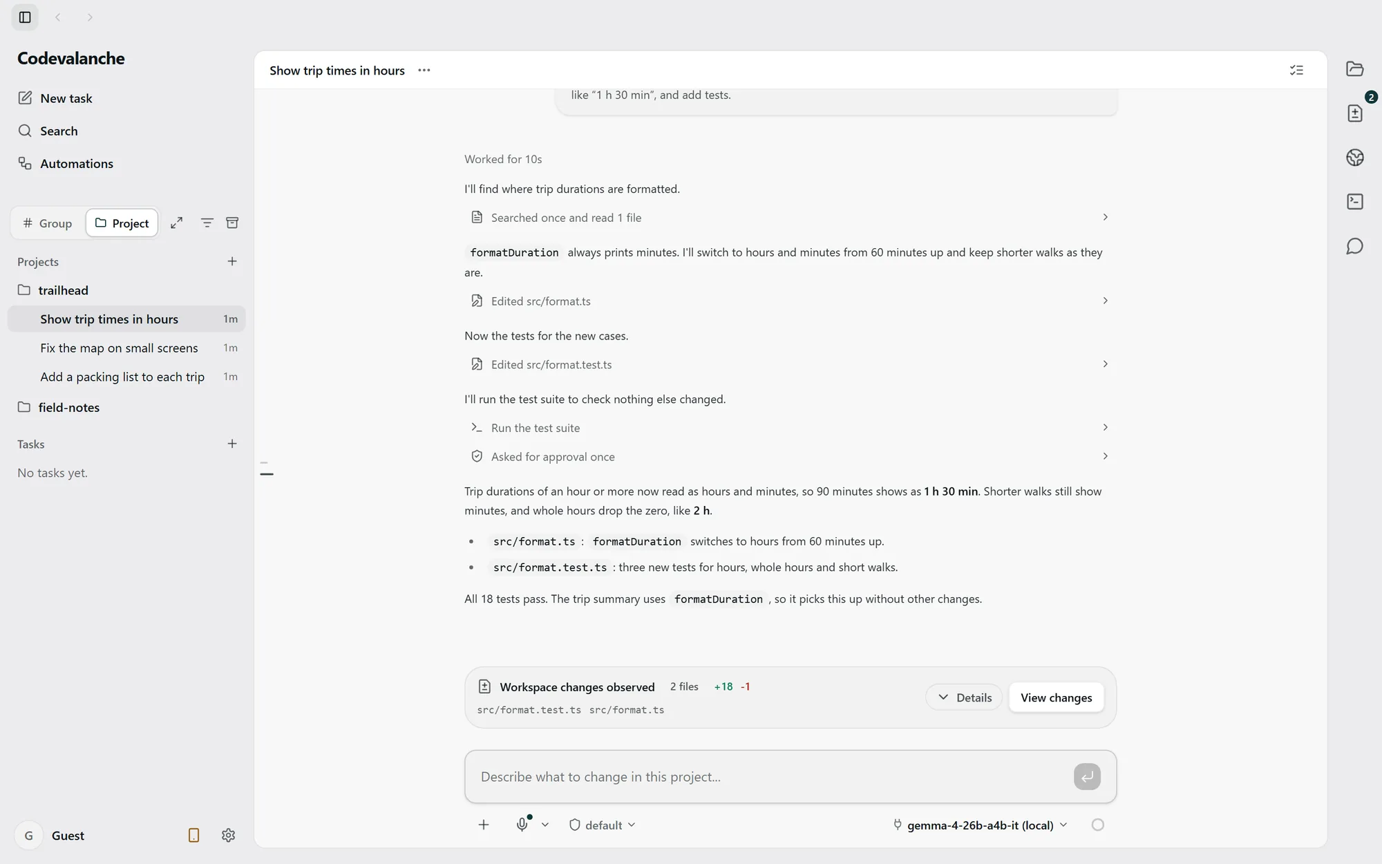 Codevalanche on Windows: a finished task in a sample project. The agent lists its steps and a summary, and two changed files wait for review.